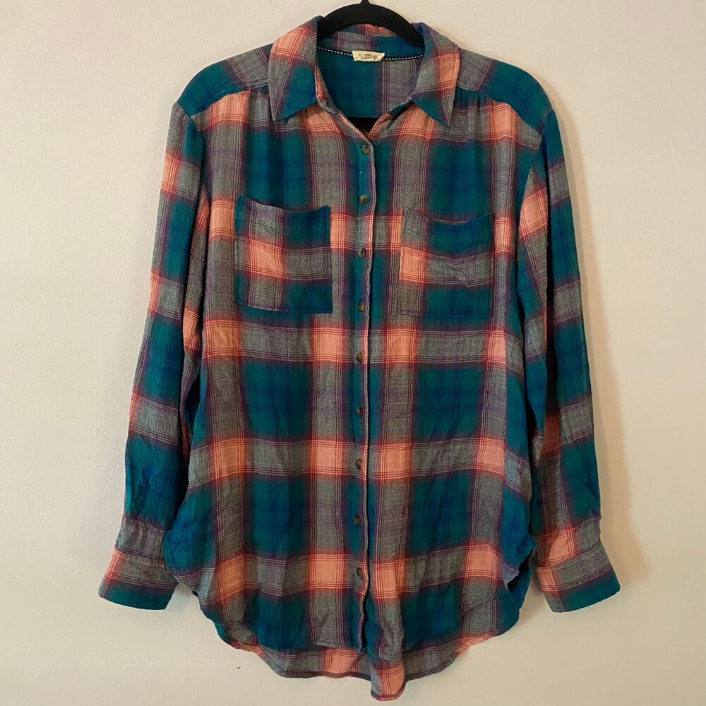 Pilcro Anthropologie Plaid Western Button Down Shirt Blue Pink Boho size Small